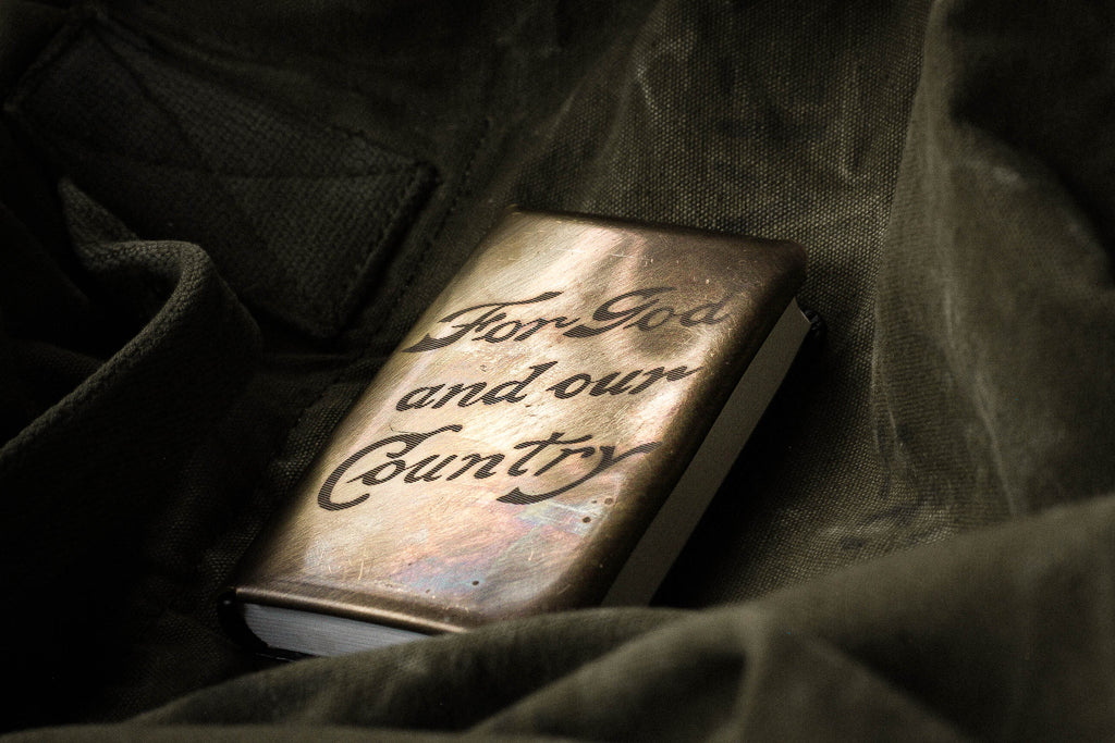 GOD AND COUNTRY BRASS HEART SHIELD BIBLE