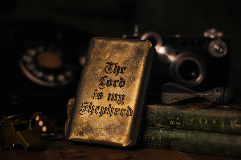 THE LORD IS MY SHEPHERD BRASS HEART SHIELD BIBLE